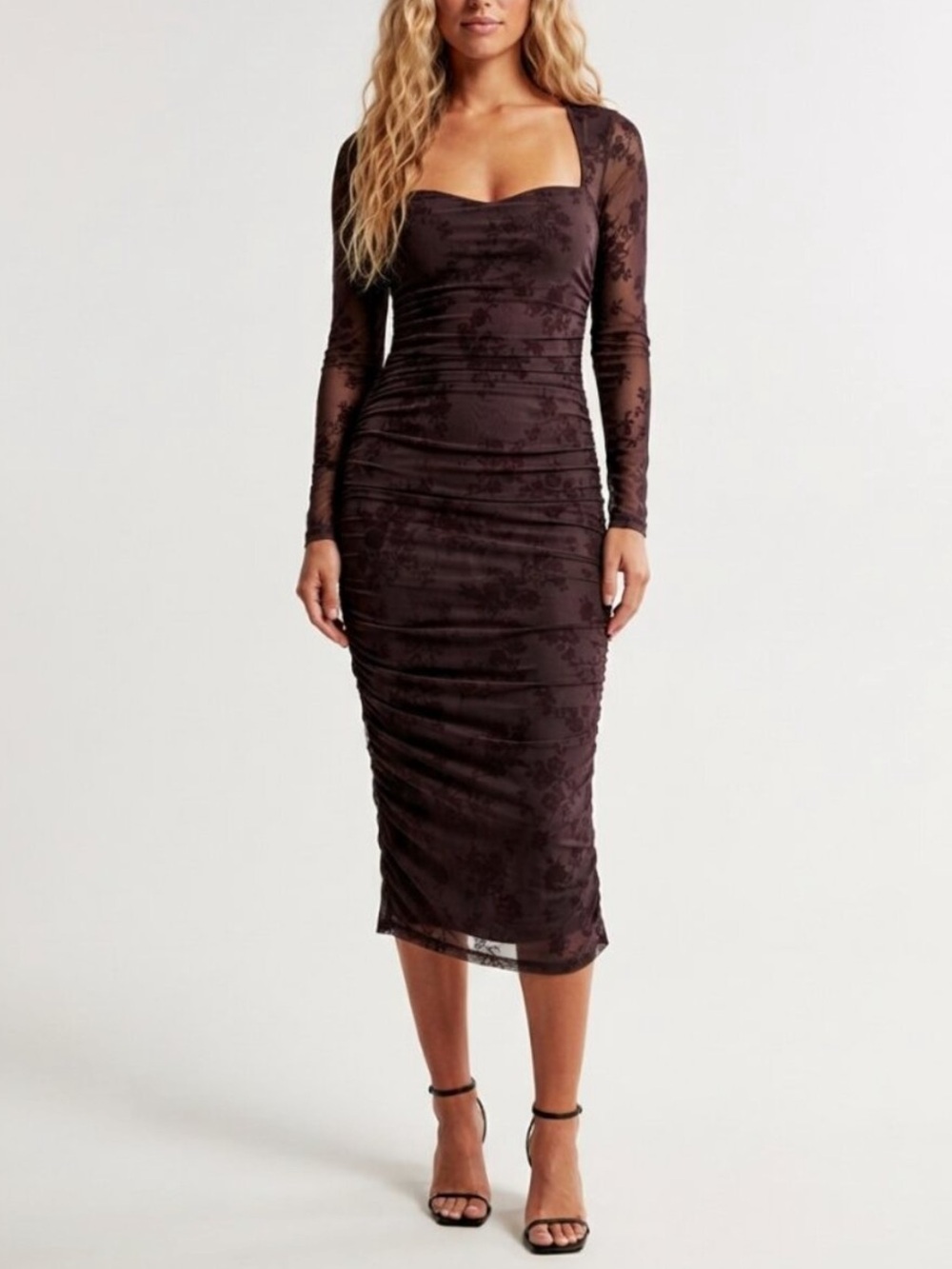 Abercrombie & Fitch Brown Floral Mesh Long Sleeve Midi Dress SP 57225